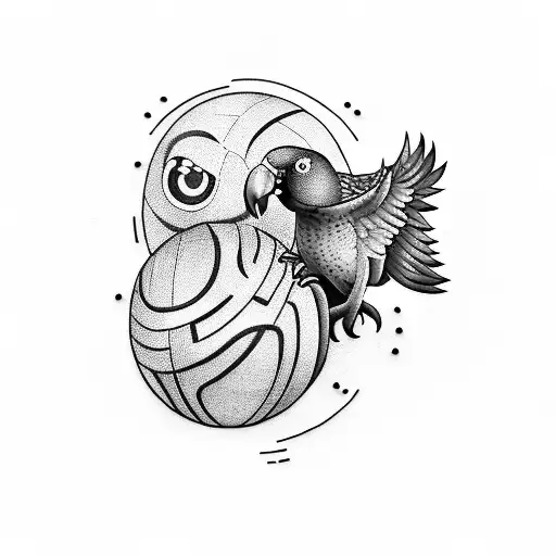 Design a tattoo of a video game character holding a basketball, with a parrot flying alongside in blackwork style tattoo design idea