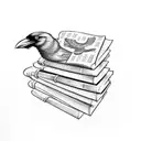 A crow perched on a stack of books with socialist symbols intertwined in the pages tattoo design idea