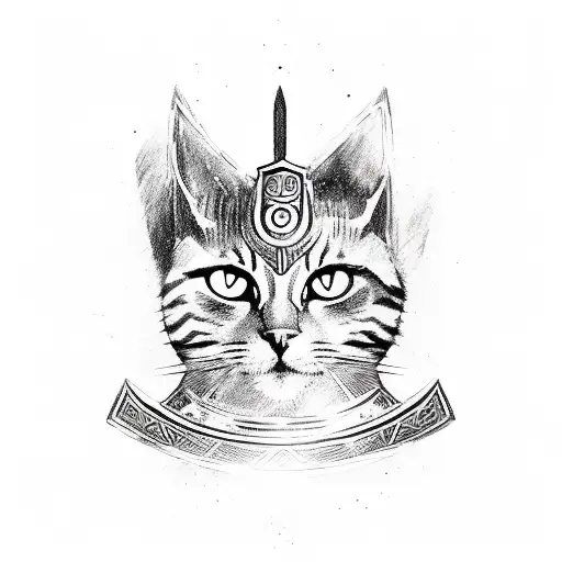 A sketch of a warrior woman with a shield adorned with a cat face tattoo design idea