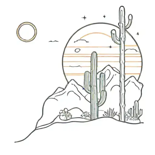 saguaro cactus with mountains and sun tattoo design idea