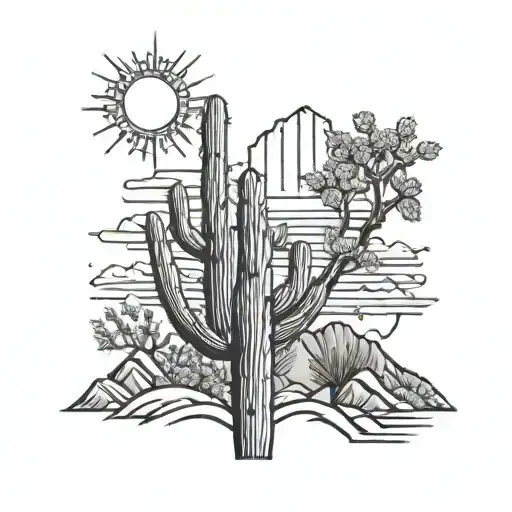 saguaro cactus tattoo with mountains and sun tattoo design idea