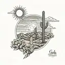 saguaro cactus tattoo with mountains and sun tattoo design idea