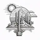 saguaro cactus tattoo with mountains and sun tattoo design idea