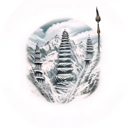 mountains scenery behind lord shiva weapon tattoo design idea
