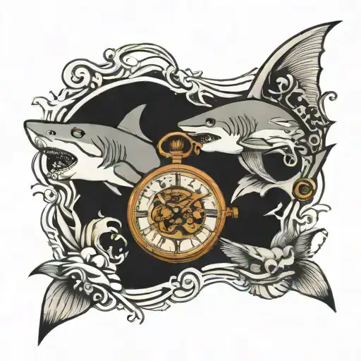 great white shark, pocket watch and pheonix  tattoo design idea