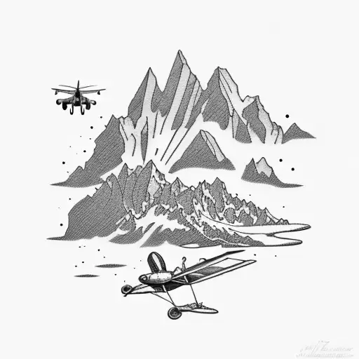 A dotwork tattoo of a the alps and vintage aviation themes tattoo design idea