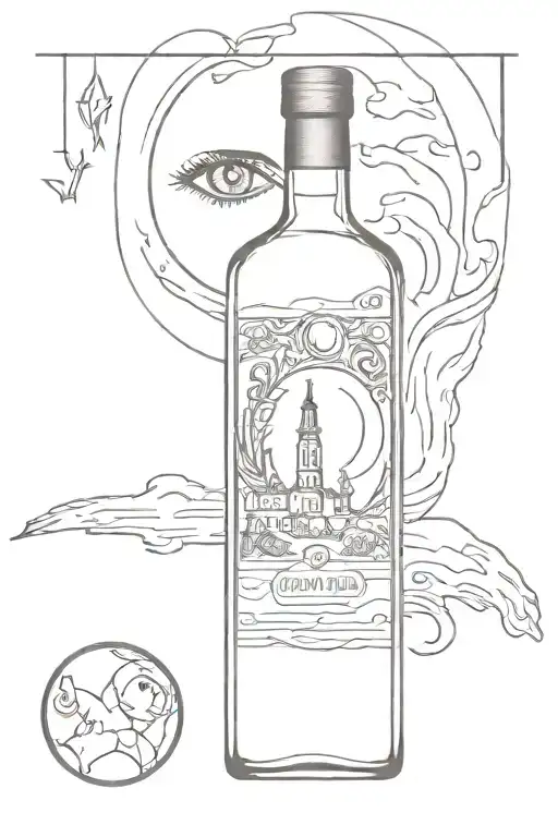 whisky bottle, eyes, moon,country, fire tattoo design idea