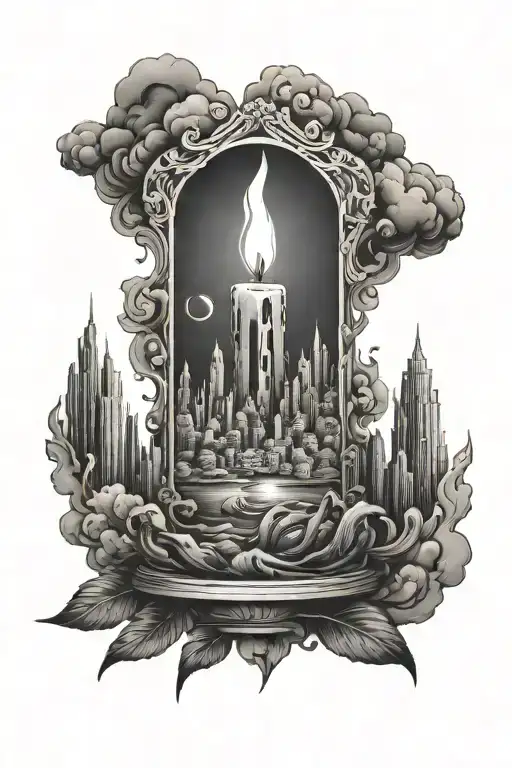 a candle, with a city on a hill inside the flame tattoo design idea