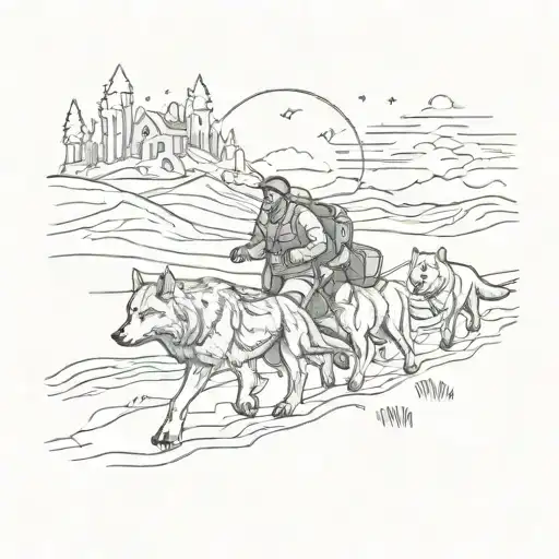 An immigrant family crossing a border with a wolf leading the way, showcasing your journey as an immigrant and your connection to wolves tattoo design idea