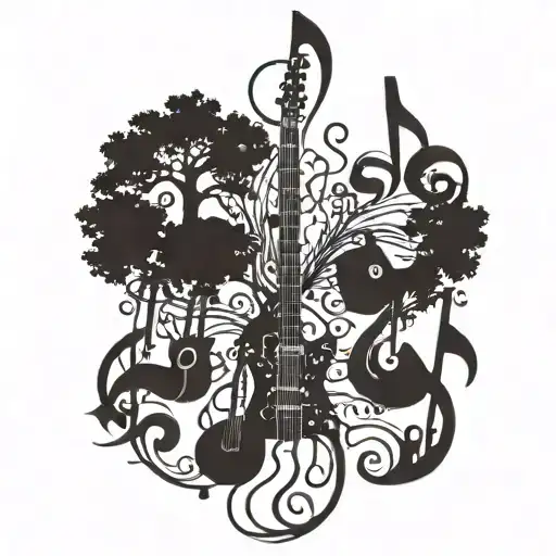 tree made of musical instruments forming  musical notes tattoo design idea
