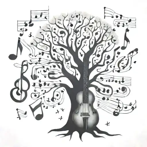 tree growing made of musical instrumentos with notes flowting tattoo design idea