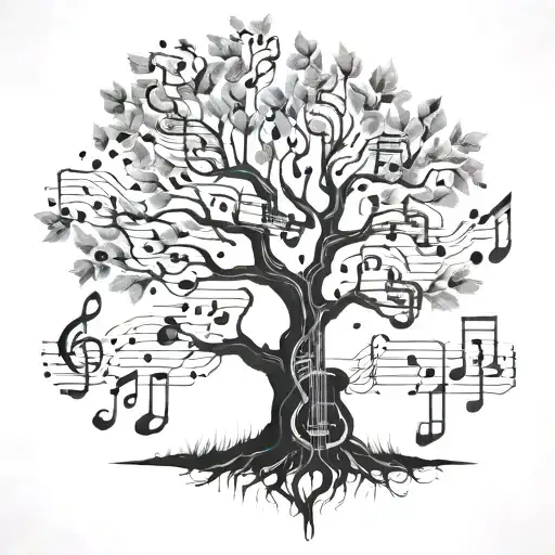 tree growing made of musical instrumentos with notes flowting tattoo design idea