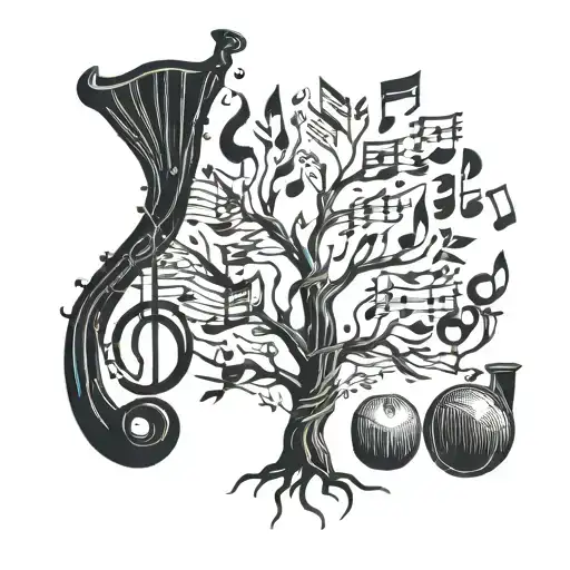 tree growing made of musical instrumentos with notes flowting tattoo design idea