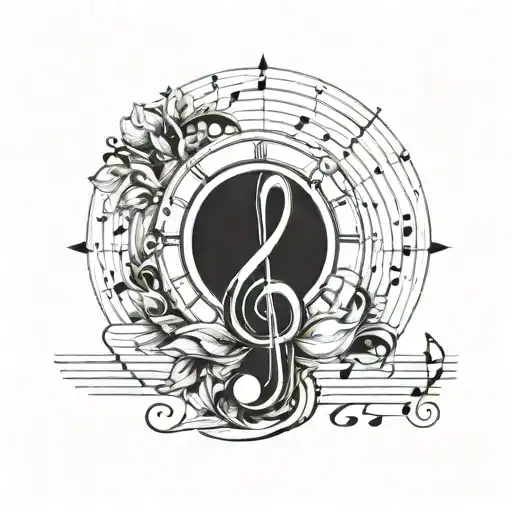 sun growing made of musical instrumentos with notes flowting and a little treble clef inside tattoo design idea