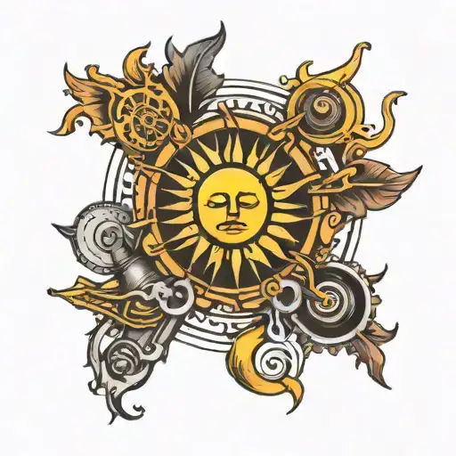 a sun made of musical instruments tattoo design idea