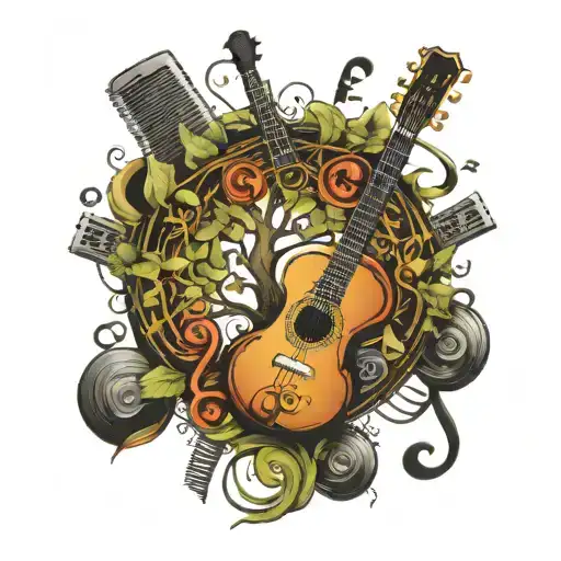 tree made of musical instruments forming  musical notes tattoo design idea