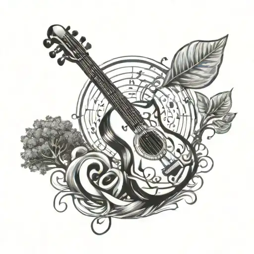 Musical notes, musical instruments and tree growing tattoo design idea