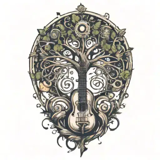 a tree made of musical instruments forming musical notes tattoo design idea
