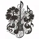 tree made of musical instruments forming  musical notes tattoo design idea