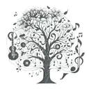 tree growing made of musical instrumentos with notes flowting tattoo design idea