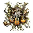 tree made of musical instruments forming  musical notes tattoo design idea