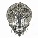 a tree made of musical instruments forming musical notes tattoo design idea