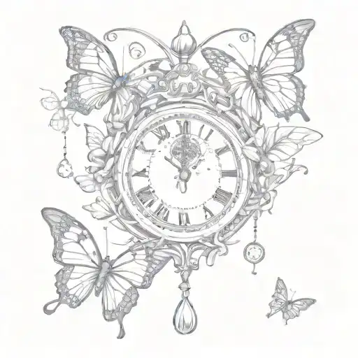 cross hanging pendant butterflies fluttering broken clock lilac  tattoo design idea