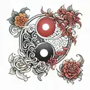 yin yang symbol with sharigan tomoe on the outside  tattoo design idea