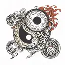 yin yang symbol with sharigan tomoe on the outside  tattoo design idea