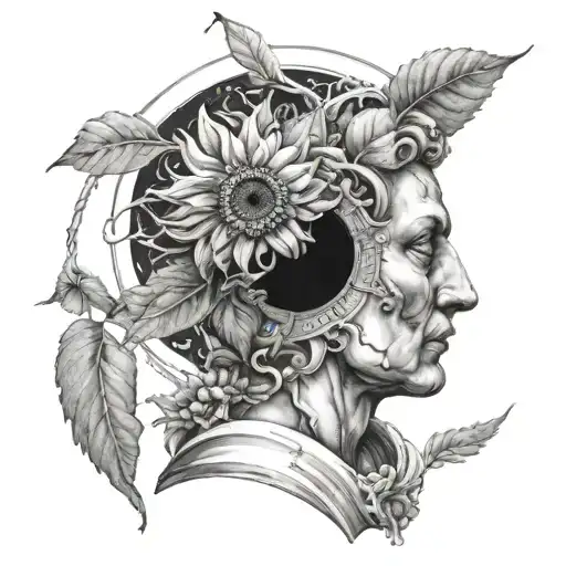 renaissance statue realism with saturn, sunflower, and a blackhole inside of the head tattoo design idea