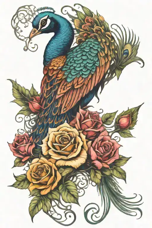 good vs evil peacock intertwined with thorny roses  tattoo design idea