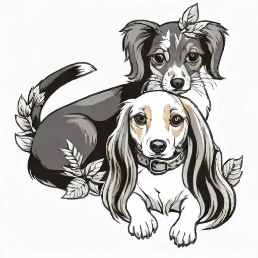 Long-haired orange and white baby cat and a smooth-haired dachshund, surrounded by a kind of laurel wreath tattoo design idea