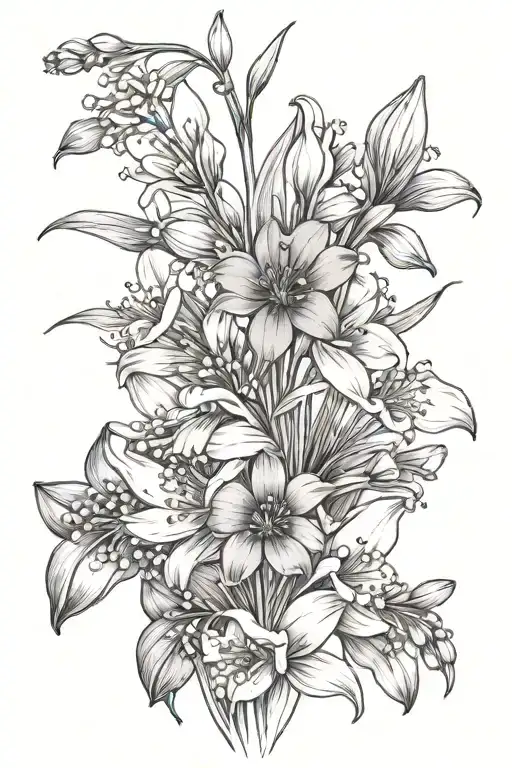 LILLY OF THE VALLEY AND COSMOS LINE DRAWING tattoo design idea