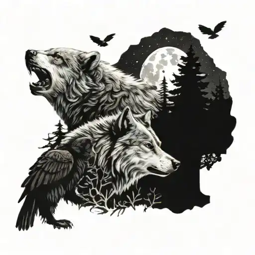 Wolf Bear and Raven in the woods at night  tattoo design idea