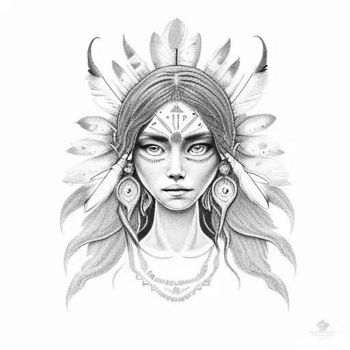 A delicate dotwork tattoo capturing the essence of an indigenous woman with flowing hair, her hand extended towards the void, her eyes filled with determination and wonder tattoo design idea