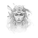 A delicate dotwork tattoo capturing the essence of an indigenous woman with flowing hair, her hand extended towards the void, her eyes filled with determination and wonder tattoo design idea