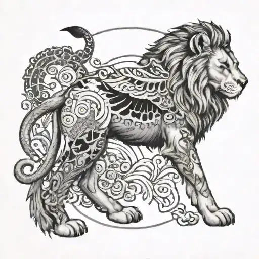 A tattoo design featuring a majestic lion with intricate blackwork detailing, surrounded by a pack of wild dogs in a dotwork style tattoo design idea