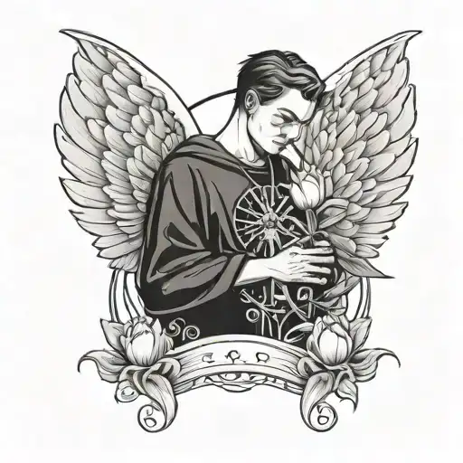 a male angel with damaged skeleton wings, holding a tulip with a circle around it. the face shouldnt be visible   tattoo design idea