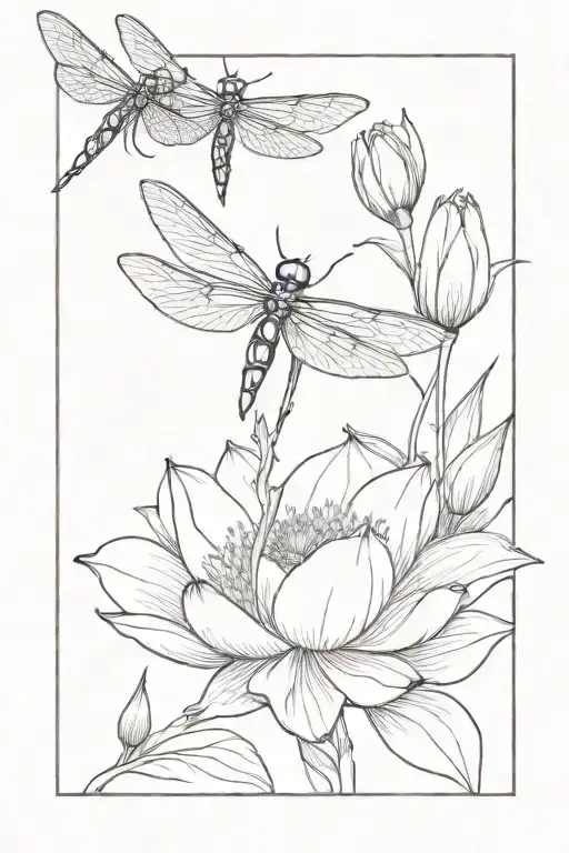 A minimalist tattoo of a dragonfly perched on a blooming lotus flower, symbolizing beauty and transformation tattoo design idea
