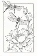 A minimalist tattoo of a dragonfly perched on a blooming lotus flower, symbolizing beauty and transformation tattoo design idea