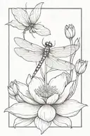 A minimalist tattoo of a dragonfly perched on a blooming lotus flower, symbolizing beauty and transformation tattoo design idea