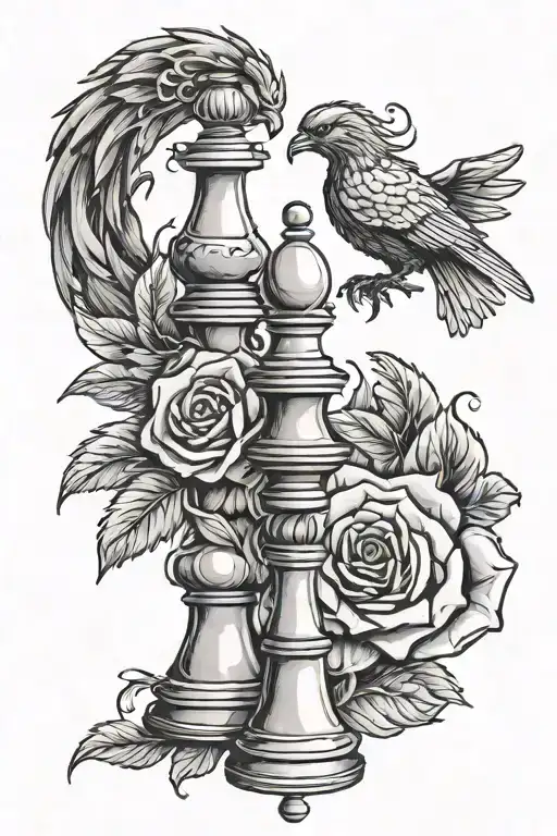 chess peaces with rose and a phoenix in the background flying (black and white forearm tattoo design idea