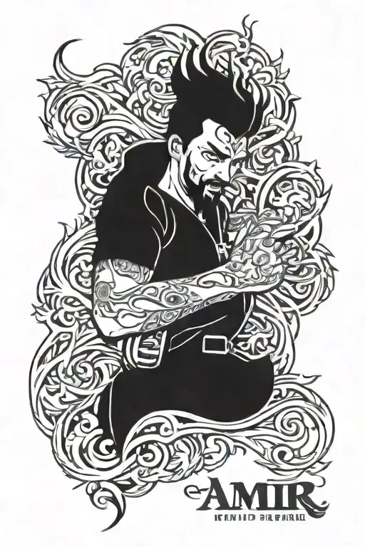 the name Amir in flames left arm sleeve tattoo design idea