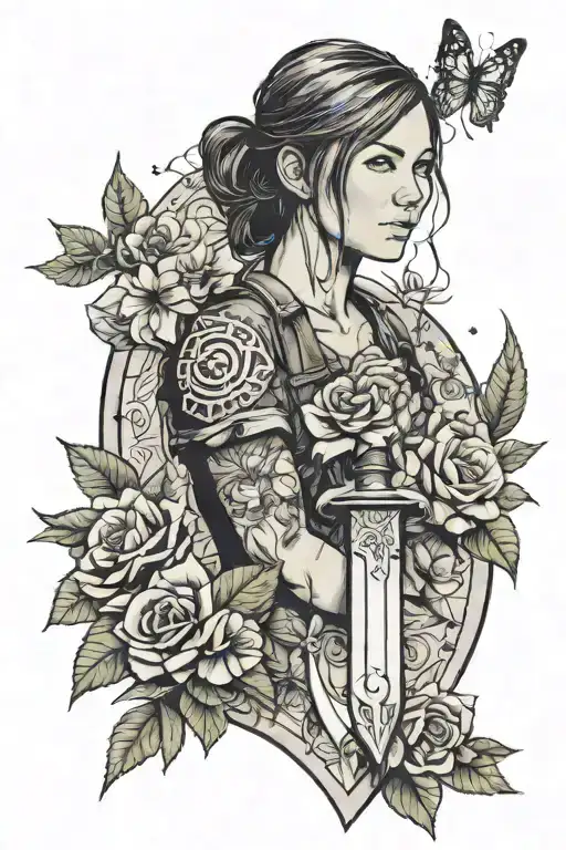 Ellie from the last of us dagger, surrounded by polyhedral dice, with flowers wrapped around the dagger tattoo design idea