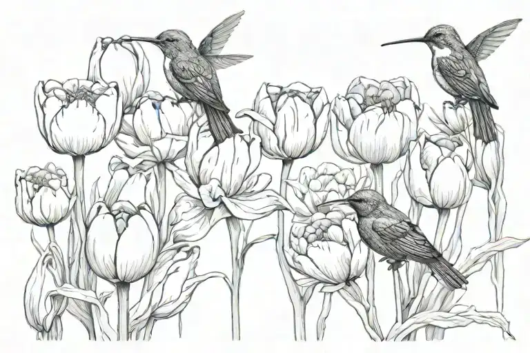 Pumpkin patch tulips humming bird perched regally tattoo design idea