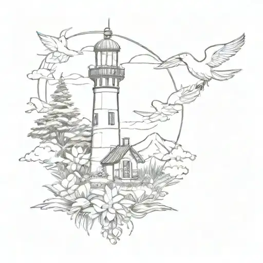 light house, pine tree, daffodil, and a holy, with mountains and little angel wings spread throughout  tattoo design idea