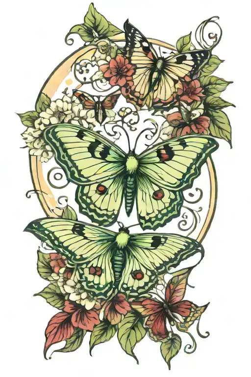 Luna moth moon phases flowers vines  tattoo design idea