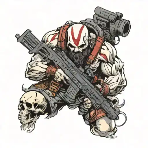 kratos holding m416 rifle stepped on a skull tattoo design idea