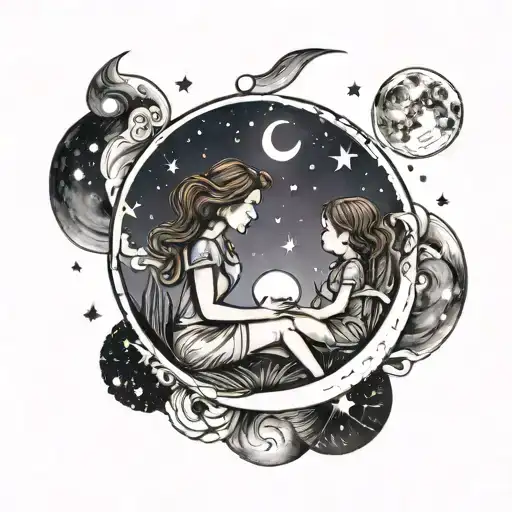 moon with my daughter and I sitting on it with a Milky Way background tattoo design idea