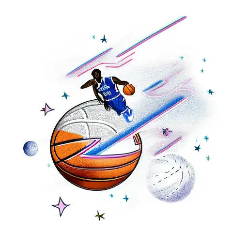 A basketball player soaring through the night sky with stars trailing behind tattoo design idea